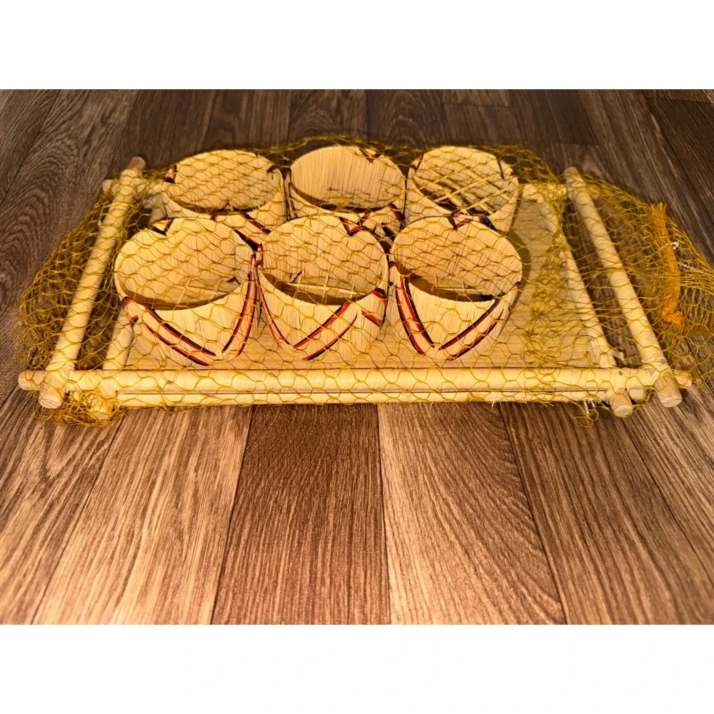 Vintage Tiki Bar Set 6 Woven Grass Cups Bamboo Tray Yellow Netting Tropical Luau